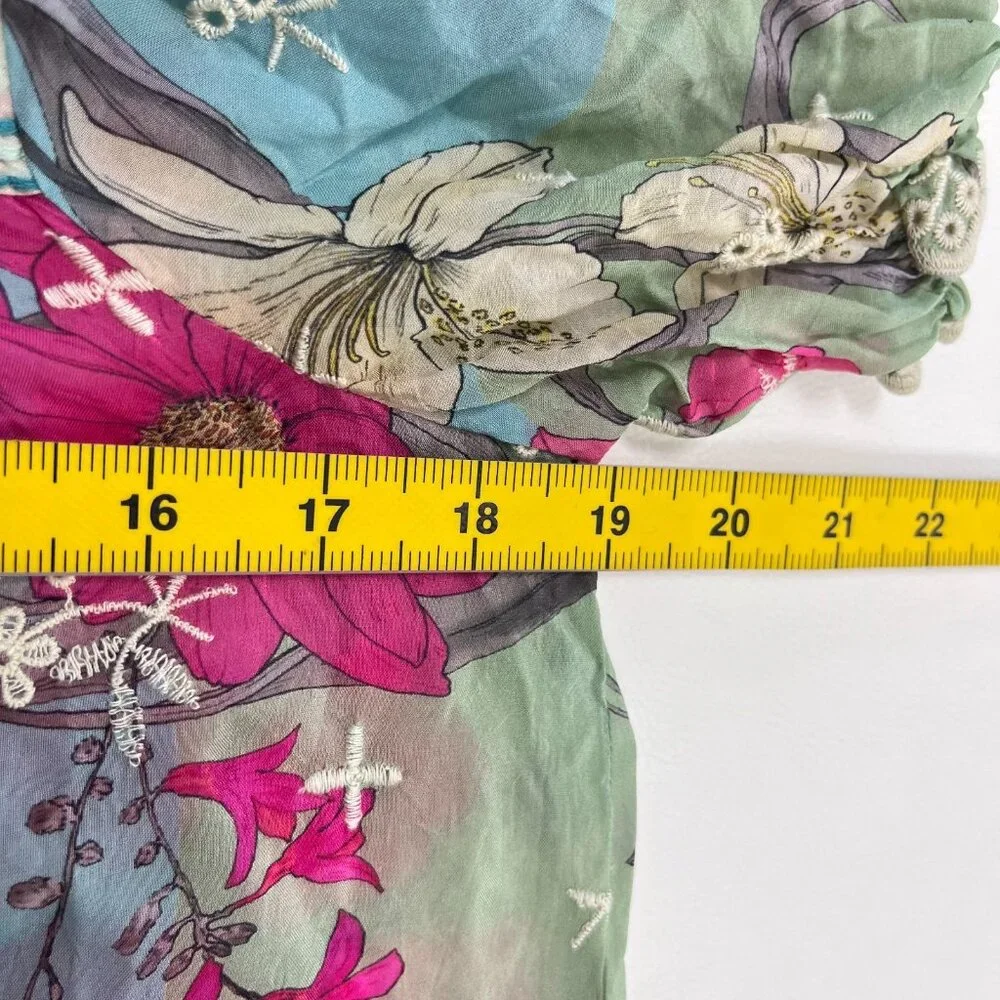 NWOT JOHNNY WAS Permint Padme Embroidered Floral Puff Sleeves Tunic Blouse Sz S